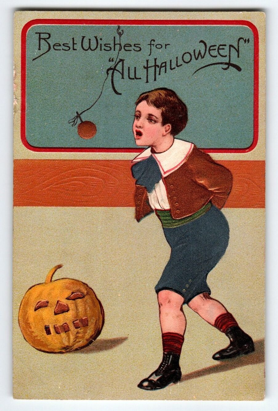 Vintage Halloween Postcard Boy with Jack-O'-Lantern 1908 Divided Back Embossed